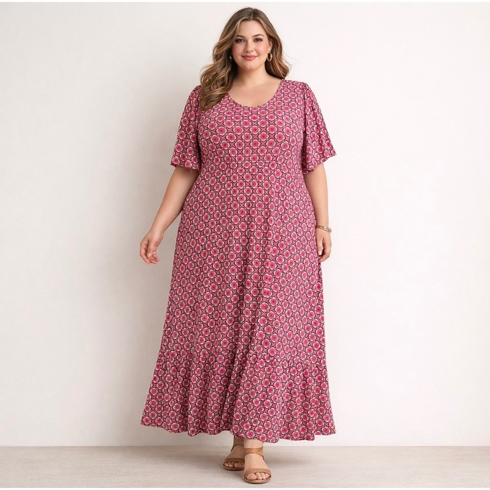 Boden Maxi Dress Pink Geometric Flutter Sleeve Vacation Resort Casual Size 20